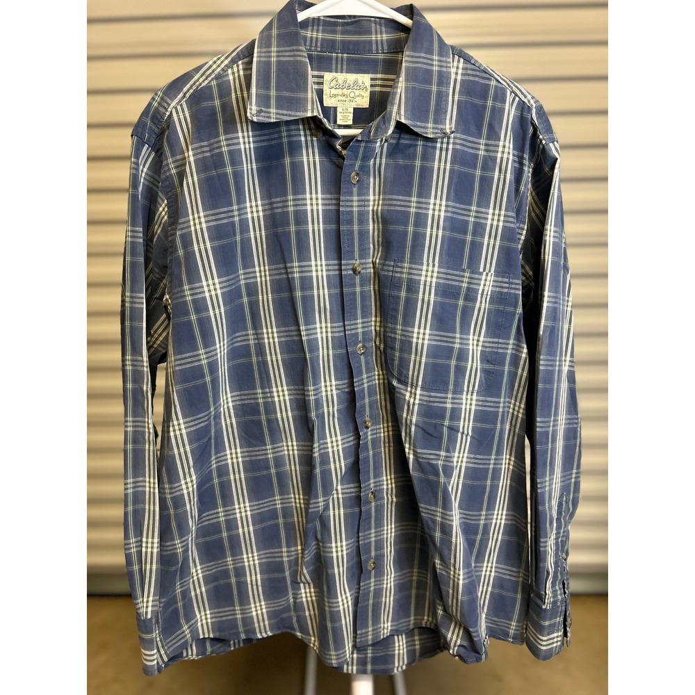 Cabela's Button Down Men L Blue Plaid Shirt Long Sleeve Cotton Outdoor Casual